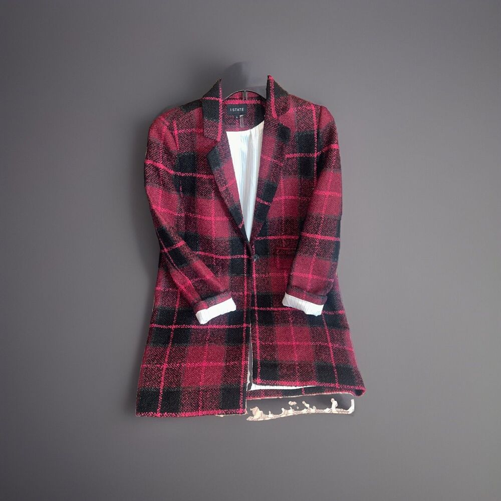 1. State Long Plaid One Button Blazer, Black and Fuchsia, Size S.  Box G